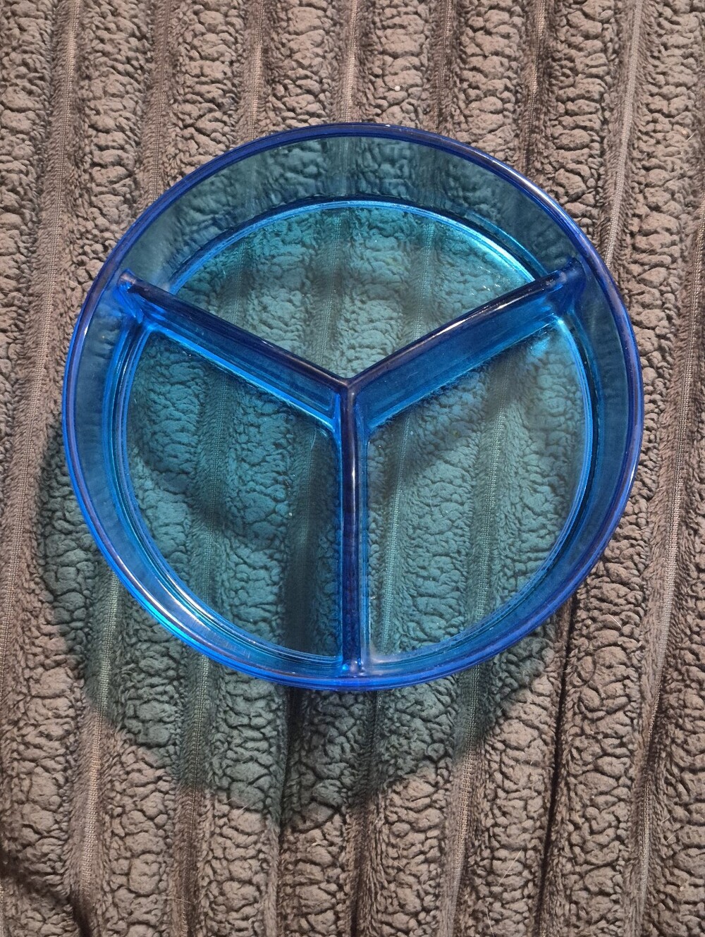 Vintage Cobalt Blue Glass 3 Divided Section Tri Bowl Snack Dip Dish